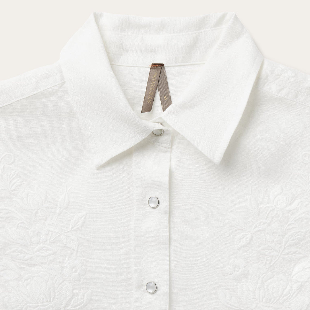 Stetson Floral Embroidered White Linen Shirt