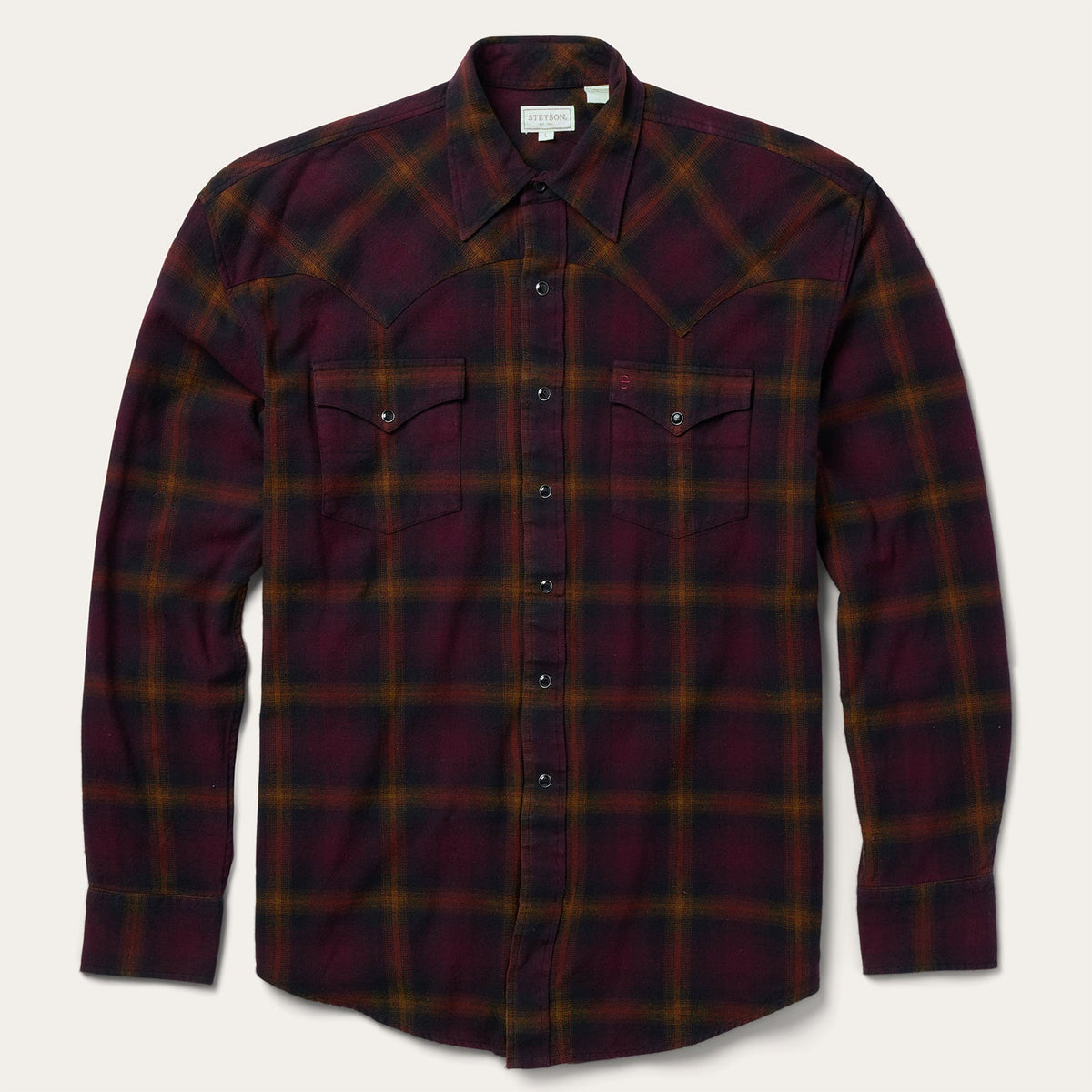 Stetson Black Wine Plaid Flannel Western Shirt