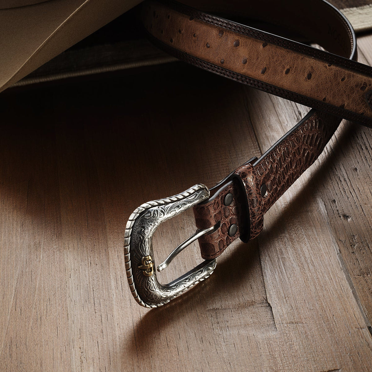 Stetson Ostrich Print Croco Embossed Western Tabs Belt