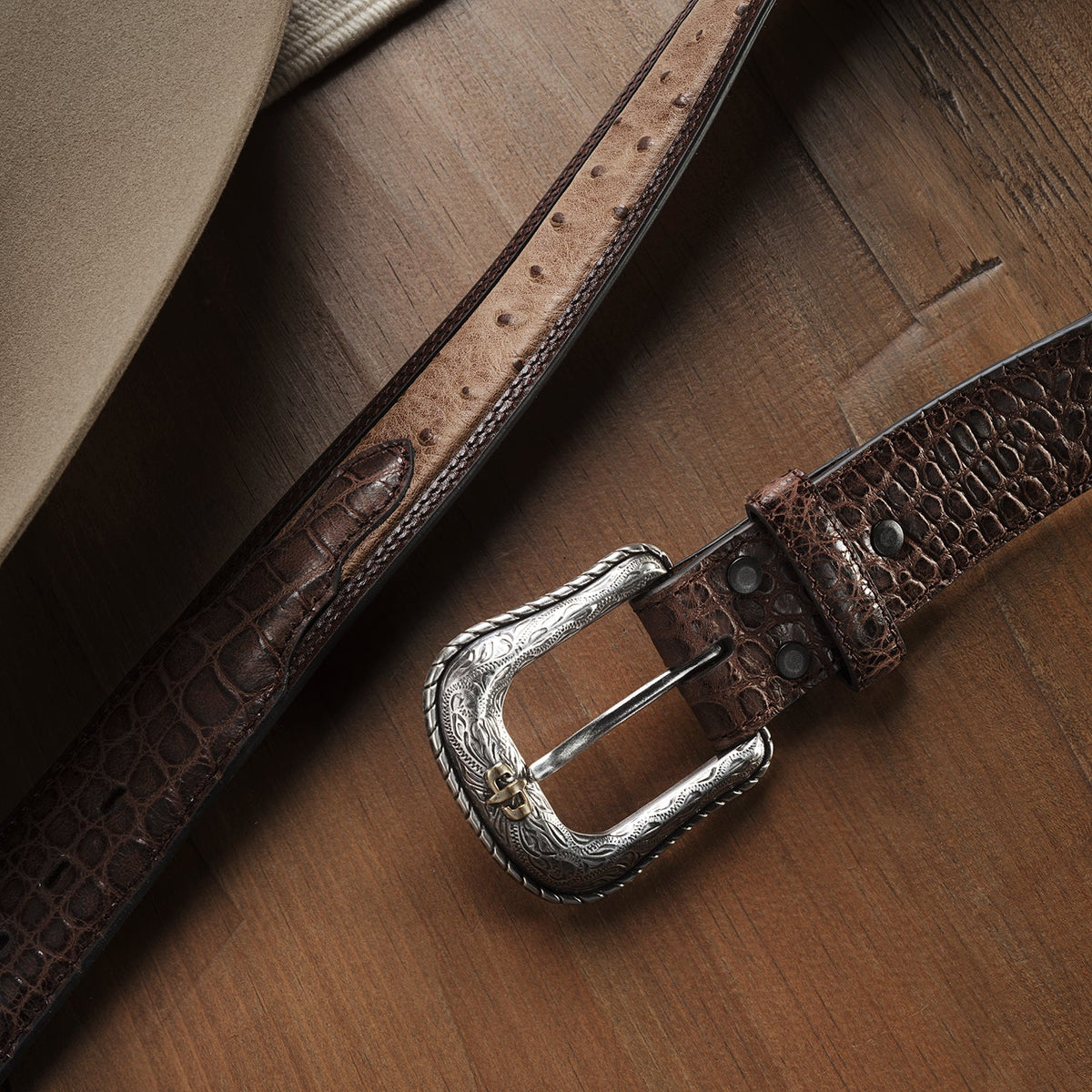 Stetson Ostrich Print Croco Embossed Western Tabs Belt