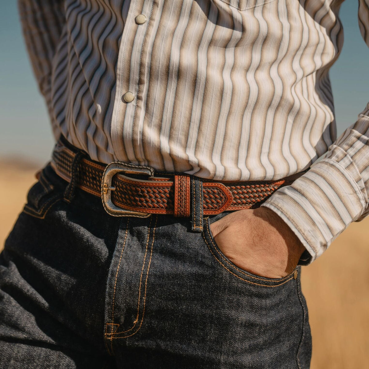 Stetson Pebble Leather Basket Weave Tabs Belt